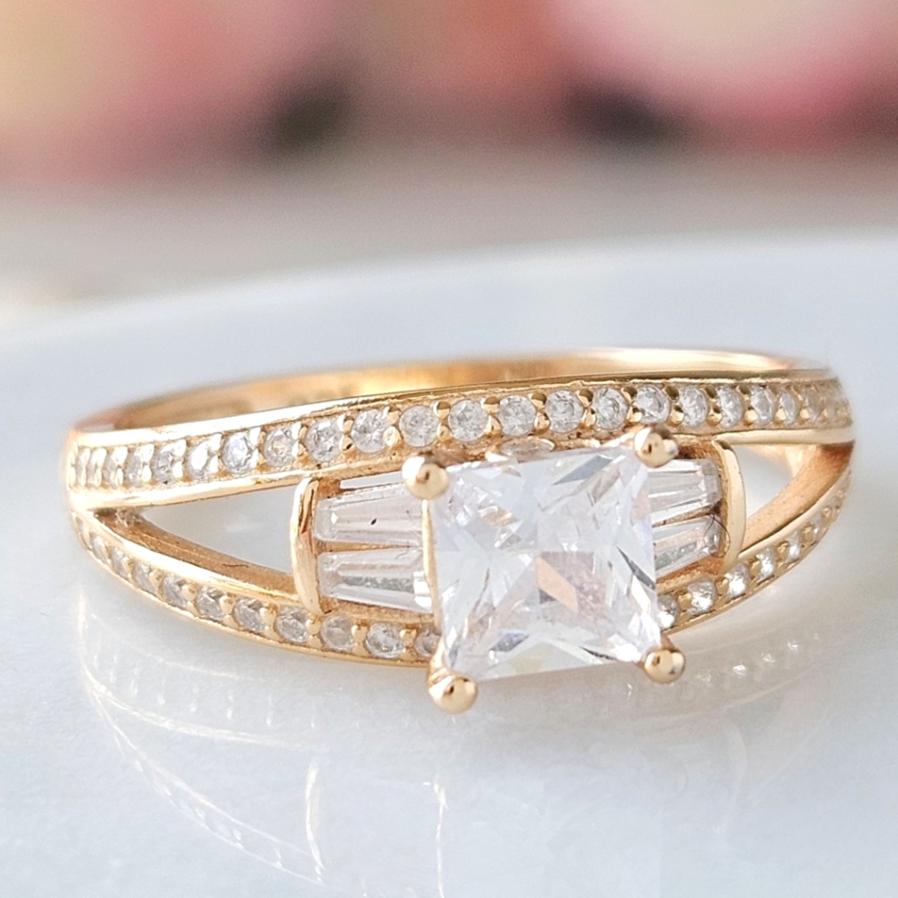 Gold Split Shank Princess-Cut Cubic Zirconia Ring